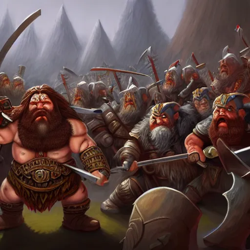 Prompt: painting of a dwarven berserker fighting a crew of crazy goblin warriors, sharp focus, high coherence, award - winning, trending on artstation, masterpiece, highly detailed, intricate. art by christopher rush