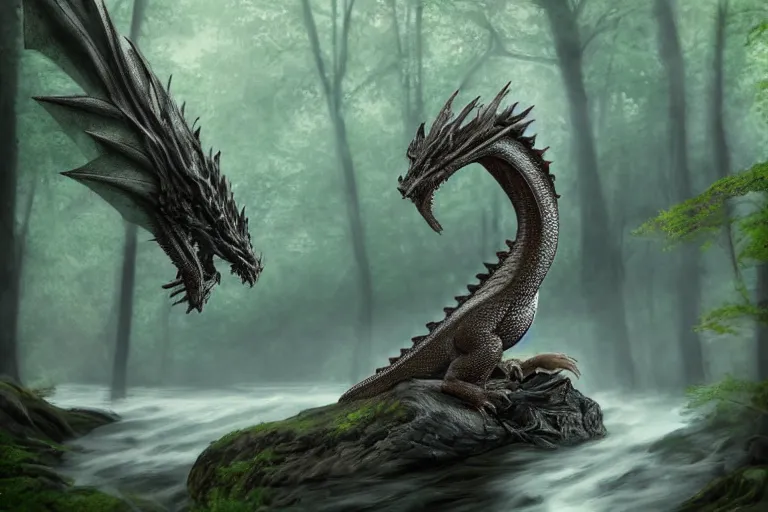 Image similar to peaceful dragon in a beautiful, misty forest, leaning over a steep hill, elongating its neck to sip water from the flowing, turbulent river, trending on artstation, intricately defined, complexly detailed, robustly ordinated, 4 k quality, digital art