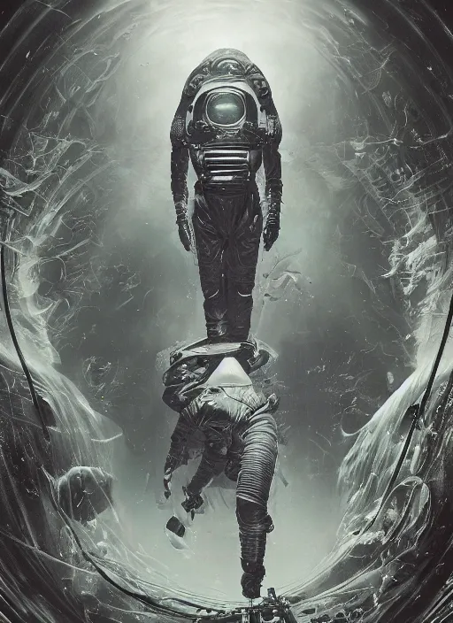 Image similar to astronauts in dark void underwater - complex and hyperdetailed technical suit. reflection and dispersion materials. rays and dispersion of light. volumetric light. f / 3 2. noise film photo. flash photography. ultra realistic, wide angle. poster by wayne barlowe, hajime sorayama aaron horkey, craig mullins