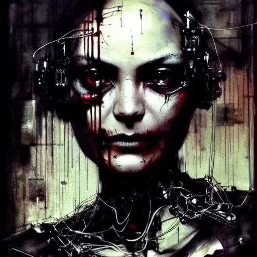 Image similar to shannyn sossamon as a beautiful cyborg, wires, skulls!! machines ( by emil melmoth zdzislaw belsinki craig mullins yoji shinkawa ) realistic render ominous detailed photo atmospheric by jeremy mann francis bacon and agnes cecile ink drips paint smears!! digital glitches glitchart!!