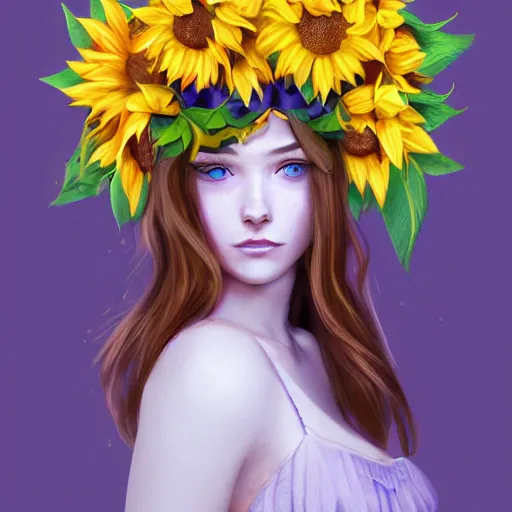Image similar to a beautiful stunning matte digital portrait illustration of a blue-eyed woman with freckles and violet hair wearing a yellow sunflower crown, in the style of Ross Tran, trending on artstation, contest winner