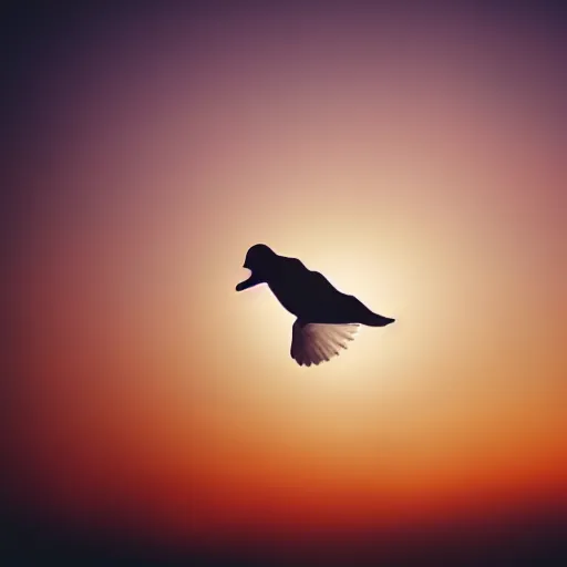 Prompt: Realistic shot of a glowing dove flying over the clouds at sunset, ethereal, vintage photograph, film grain, surreal, awe-inspiring, highly detailed