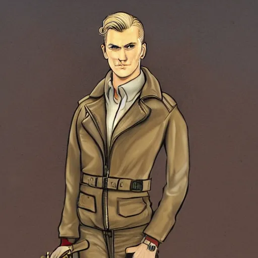Prompt: character concept art of heroic square - jawed emotionless serious blonde handsome butch princely woman aviator, with very short butch slicked - back hair, wearing brown leather jacket, standing in front of small spacecraft, illustration, science fiction, retrofuture, highly detailed, ron cobb, mike mignogna