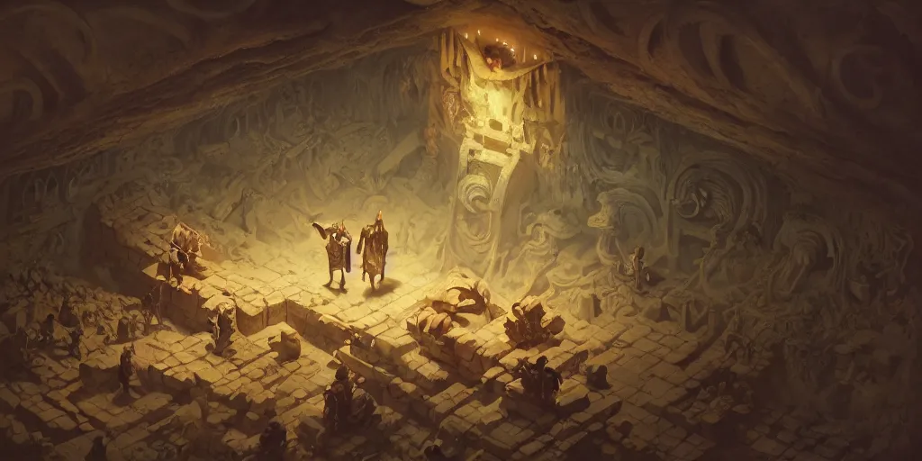 Image similar to illustrations of ancient catacombs, dark fantasy, sigils, runes, magic, wizard fighting a golem, composition accidental renaissance golden ratio, cinematic, by sachin teng and sergey kolesov and ruan jia and heng z and wlop. graffiti art, scifi, fantasy, hyper detailed, octane render, ue 5