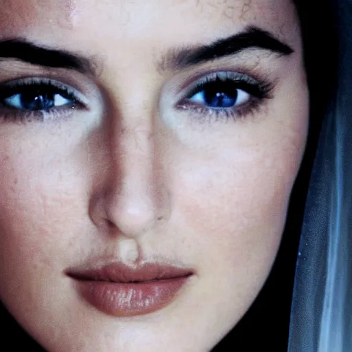 Image similar to young arab Monica Bellucci, blue eyes, white veil, closeup, focus, light makeup
