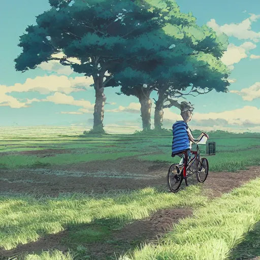 Image similar to a boy riding his bike through the plains of rural japan, high intricate details, rule of thirds, golden ratio, cinematic light, anime style, graphic novel by fiona staples and dustin nguyen, by beaststars and orange, peter elson, alan bean, studio ghibli, makoto shinkai