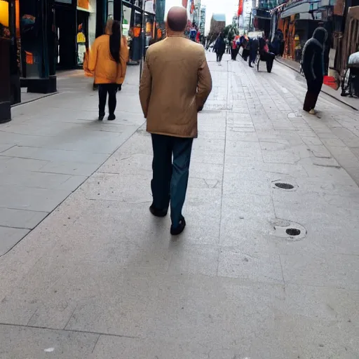 Prompt: A giant balding, white, ginger man walking through the city