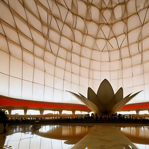 Image similar to interior of a futuristic lotus temple with gold, red and white marble panels, in the desert, by buckminster fuller and syd mead, intricate contemporary architecture, photo journalism, photography, cinematic, national geographic photoshoot