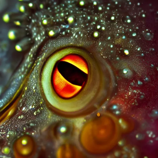 Image similar to fiery whimsical emotional eyes cephalopod, in a photorealistic macro photograph with shallow dof