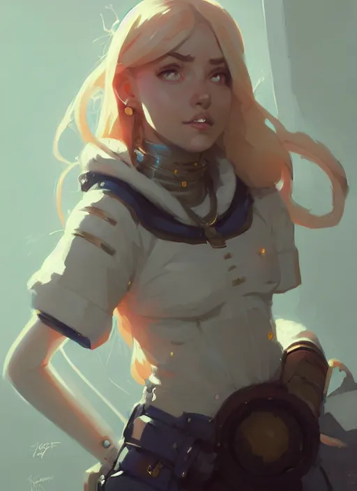 Image similar to portrait of cute psyker girl, warhammer 4 0 k, by atey ghailan, by greg rutkowski, by greg tocchini, by james gilleard, by joe gb fenton, by in kaethe butcher, dynamic lighting, gradient light blue, brown, blonde cream and white color in scheme, grunge aesthetic