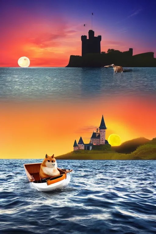 Prompt: a shiba inu in a boat sailing in the sea alone, with a castle in the background, sunset, epic, dramatic, realistic, 4k