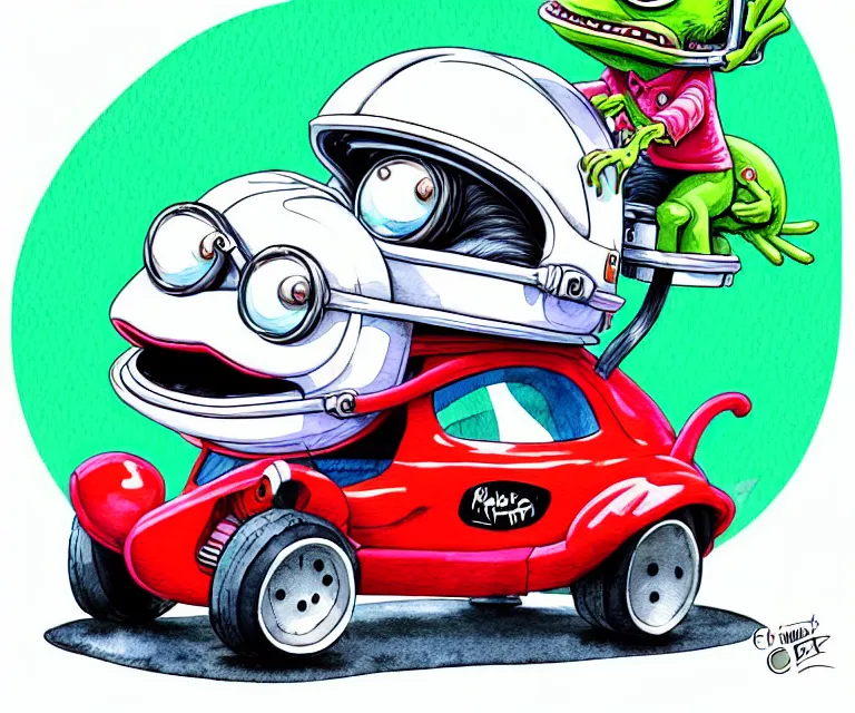 Image similar to cute and funny, pepe wearing a helmet riding in a tiny hot rod tesla with oversized engine, ratfink style by ed roth, centered award winning watercolor pen illustration, isometric illustration by chihiro iwasaki, edited by range murata, details by artgerm