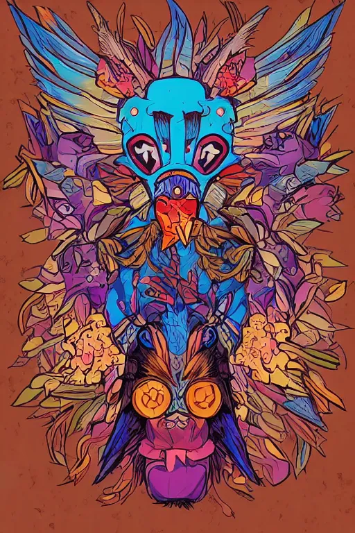 Image similar to animal mask totem roots flower tribal feather gemstone plant wood rock shaman vodoo video game vector cutout illustration vivid multicolor borderlands comics by josan gonzales and dan mumford radiating a glowing aura