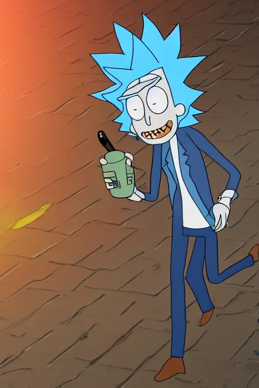 Image similar to hiper-realistic Rick Sanchez from Rick and Morty, running outside, 8k