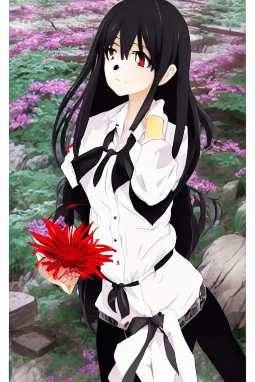 Prompt: Key anime visual of a beautiful girl with black hair and red eyes holding a spider lily; wearing white blouse with black tie; trending on Pixiv; digital art