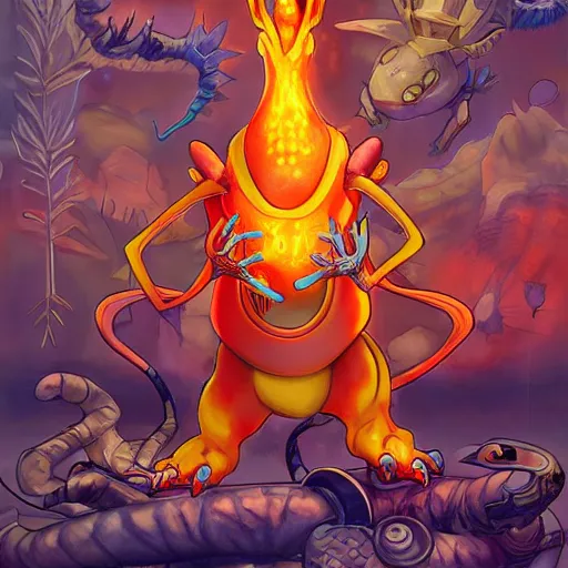 Prompt: biopunk pokemon charizard burining, Pixar style, by Tristan Eaton Stanley Artgerm and Tom Bagshaw.