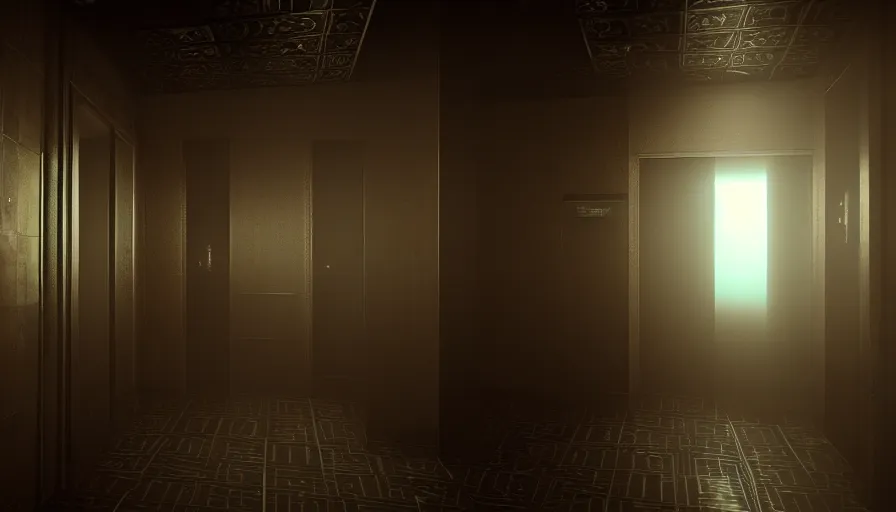 Image similar to Creepy Elevator, Volumetric Lighting, Anamorpic Lens, Cinematic Lighting, Hyperrealistic Rendering, Hyperdetailed, Intricate Details, Dynamic Lights, Raytracing