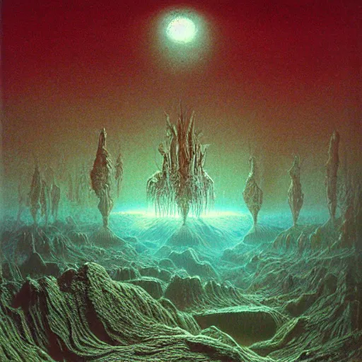 Image similar to alien landscape filled with lithups, filigree ornaments, volumetric lights, beksinski
