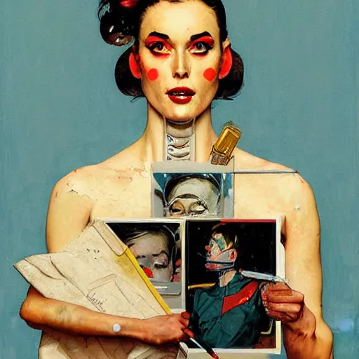 Prompt: portrait of a female android painted by Norman Rockwell and Sandra Chevrier