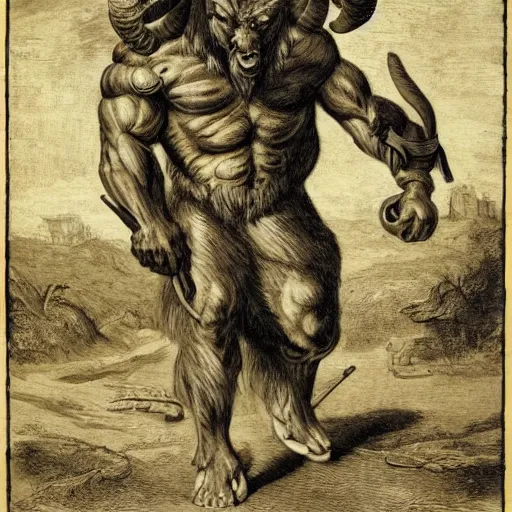 Prompt: giant beast full body, muscles, warrior with a ram head and a wooden staff, walking between buildings in a dense populated city, highly detail