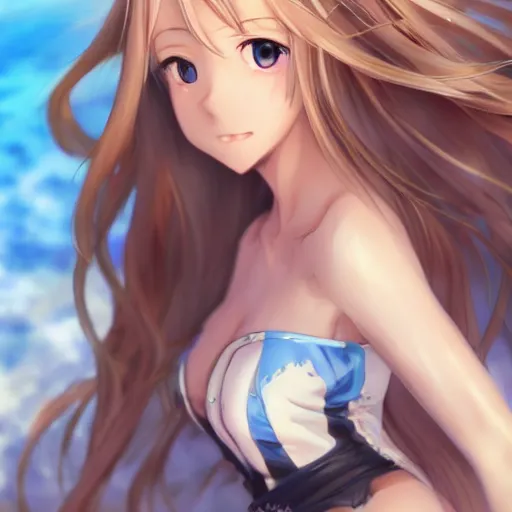 Image similar to a very beautiful mature yuuki asuna, full body, long wavy blond hair, sky blue eyes, full round face, bikini, miniskirt, front view, mid - shot, cute pose, highly detailed, cinematic wallpaper by stanley artgerm lau