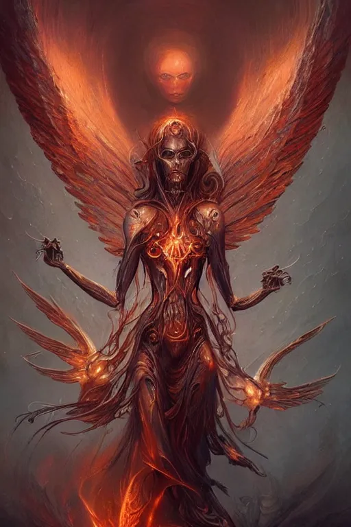 Image similar to Biomechanical Angel of Fire, beautiful, fantasy, magic, digital art by Seb Mckinnon and Peter Mohrbacher, professional illustration