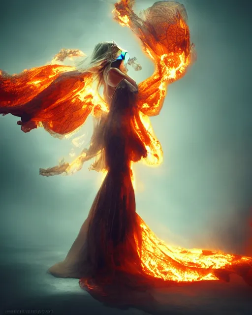 Image similar to woman wearing burning dress engulfed in large glowing flames, Alexander McQueen, Elden Ring, billowing smoke, fashion photoshoot, raymond swanland, artgerm,