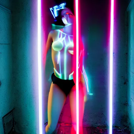 Image similar to a portrait of a female cyborg, fashion, streak lights, ligjt trail, color gel, photogtaphy, canon r 5, wide angle