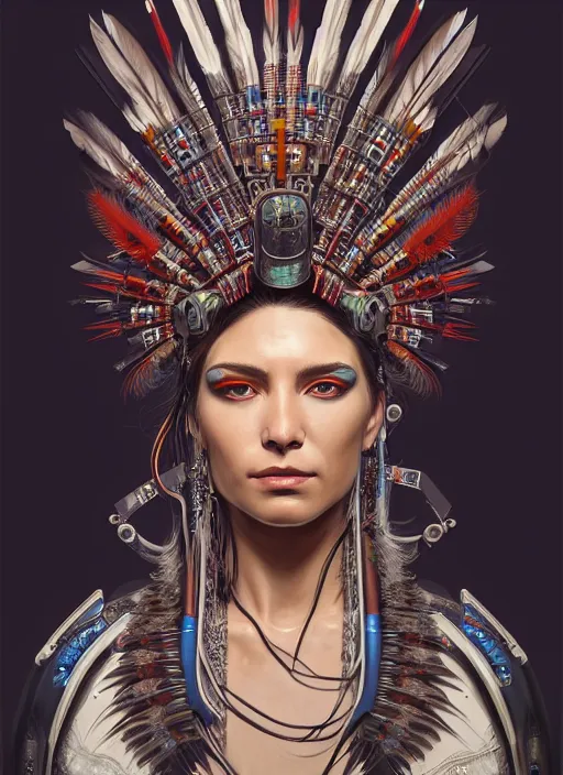 Prompt: portrait of a cyberpunk machine, machine face, upper half portrait, decorated with feathers, native american, fine china, traditional chinese art, intricate, elegant, highly detailed, headpiece, digital painting, artstation, concept art, smooth, sharp focus, illustration, art by artgerm and greg rutkowski and alphonse mucha, 8 k