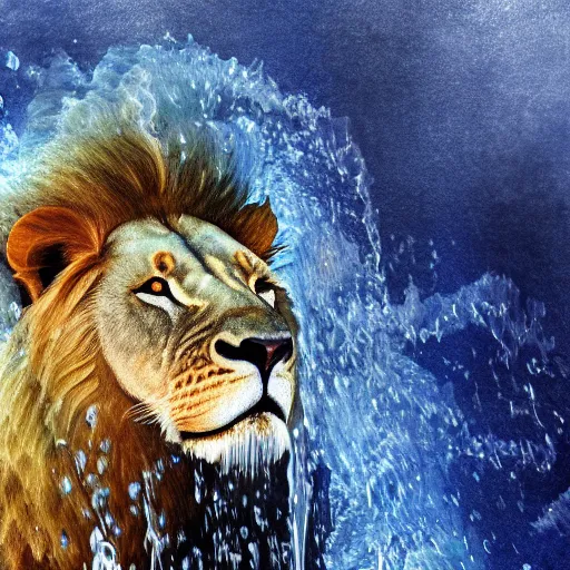 Image similar to a male lion's face breaching through a wall of water, water sprites, splashing, deep blue water color, highly detailed, realistic digital art