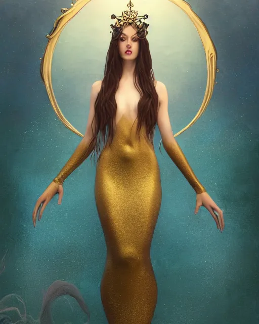 Image similar to a beautiful dark androgynous mermaid, pinup pose, long hair, tall and thin, wearing dozens of pendants and a gown of gold, small delicate crown of the sea on her head, illustration, symmetry accurate features, volumetric light clouds, ultra realist soft painting, (art nouveau), octane render, 8k, HD, by Tom Bagshaw, Brom, Charlie Bowater, faces by otto schmidt