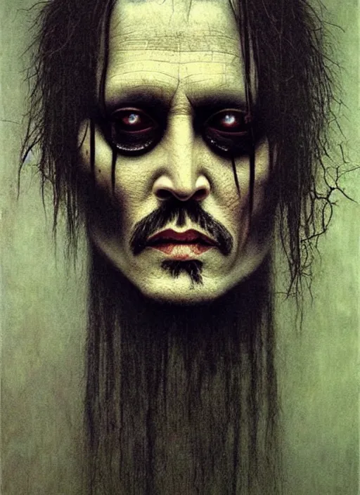 Image similar to Johnny Depp creepy character, portrait by Beksiński