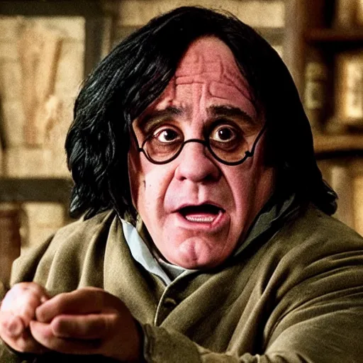 Image similar to Danny Devito as Serverus Snape, still image from Harry Potter movie