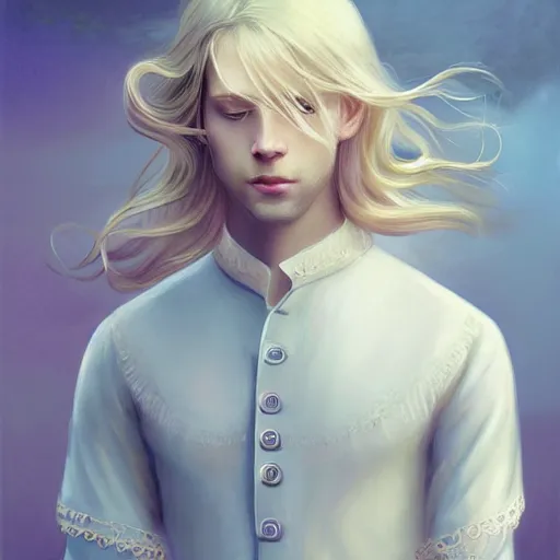 Image similar to Portrait of magical blond prince, very very very very pale white skin, long silky blond hair, dreamy and ethereal, pastel blue eyes, peaceful expression, ornate frilly regal shirt, fantasy, intricate, elegant, dynamic lighting, highly detailed, digital painting, artstation, concept art, smooth, sharp focus, illustration, art by artgerm and greg rutkowski and alphonse mucha