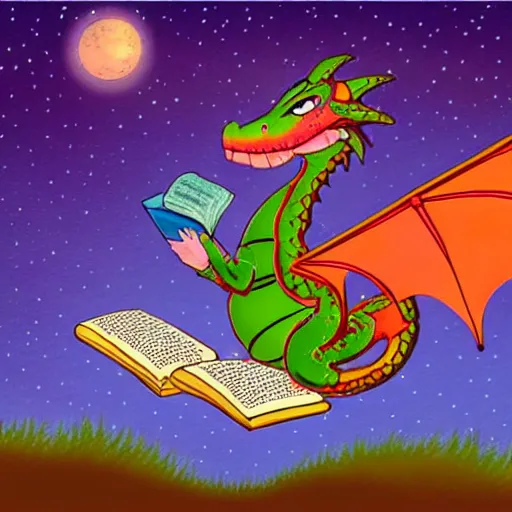 Image similar to cute dragon reading a book under the stars