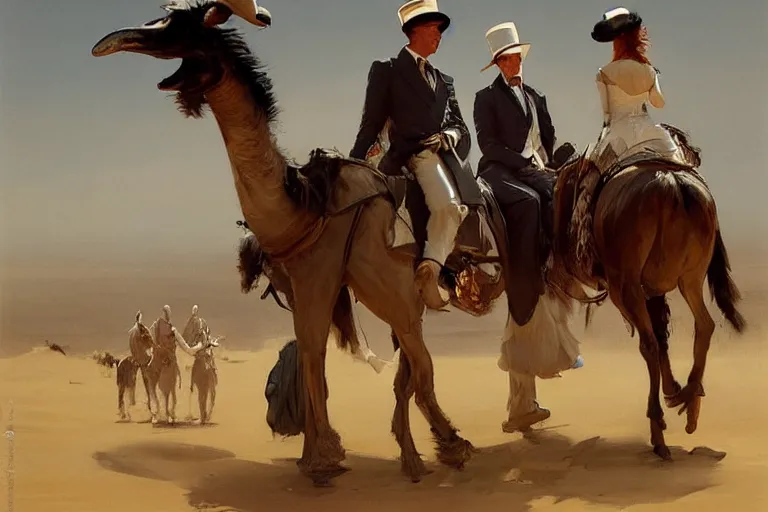 Image similar to portrait of a respectable dignified royal business elite politicians in top hats and coat tails riding on emus in the sahara desert throwing vanilla icecream cones at each other, art by anders zorn, wonderful masterpiece by greg rutkowski, beautiful cinematic light, american romanticism by greg manchess, jessica rossier