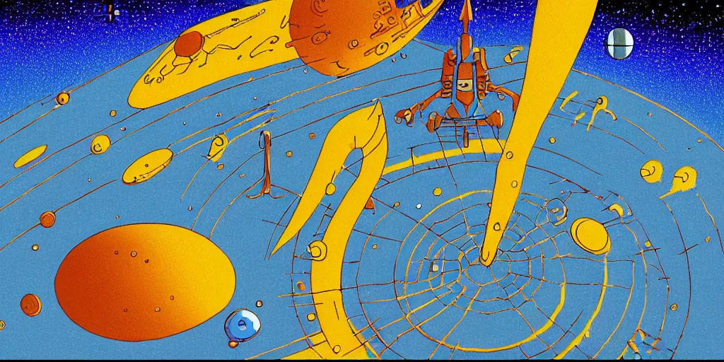Prompt: traditional drawn colorful animation a symmetrical comet tail in robot platform deck wheelhouse spaceship station planet captain bridge planet surface, ground, tree, outer worlds robots extraterrestrial hyper contrast well drawn Metal Hurlant Pilote and Pif in Jean Henri Gaston Giraud animation film The Masters of Time FANTASTIC PLANET La planète sauvage animation by René Laloux