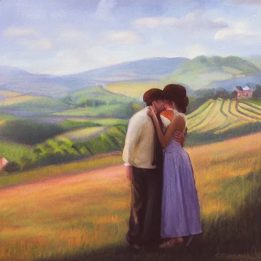 Image similar to a couple kissing, behind them is a window that shows a hilly landscape with vineyards, natural light, dreamy, 7 0 mm, hopper