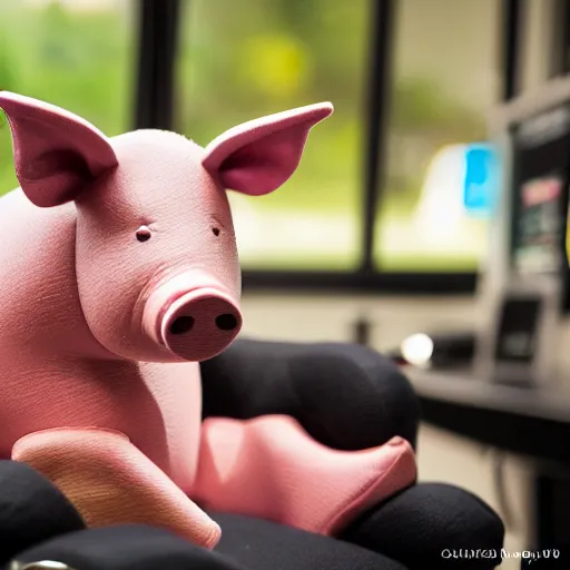 Image similar to photo of a pig sitting in a gaming chair next, taken with canon eos - 1 d x mark iii, bokeh, sunlight, studio 4 k