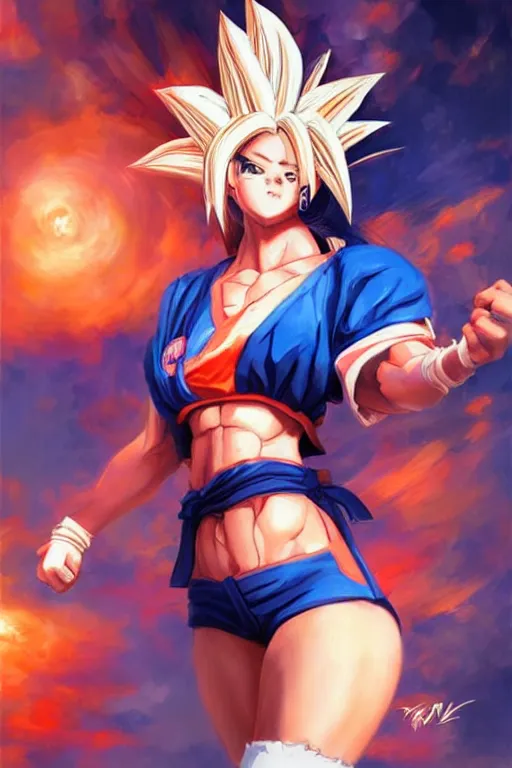 Image similar to kawaii female version of goku, painting by WLOP and artgerm