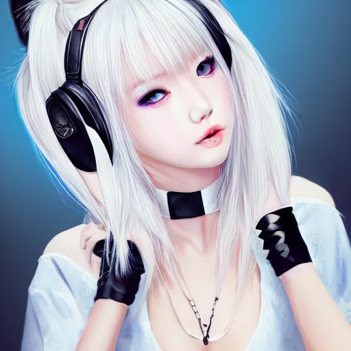 Image similar to realistic detailed semirealism beautiful gorgeous cute Blackpink Lalisa Manoban white hair white cat ears blue eyes, wearing black camisole maid outfit, headphones, black leather choker full HD 4K high resolution quality WLOP, Aztodio, Taejune Kim, Guweiz, Pixiv, Instagram, Artstation