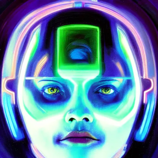 Image similar to symmetry!! a sci-fi portrait, oil painting, colourful!! illustration of Clu from Tron, colourful, by Justin Sweet and Greg Rutkowski and Alphones Much