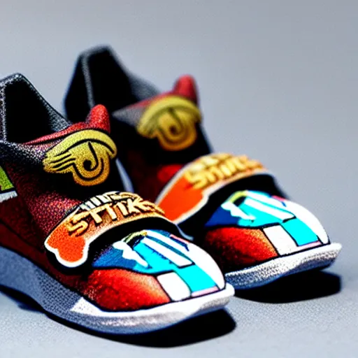 Image similar to realistic scultpure of sneaker! design, sneaker design overwatch fantasy style mixed with aztec mayan native street fashion, focus on sneakers only, shoes designed by akira toriyama and studio ghibli