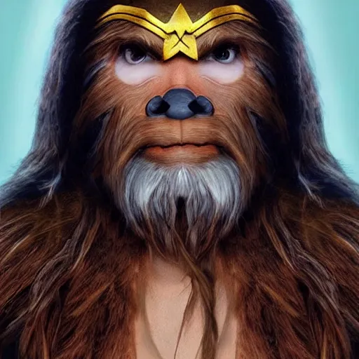Image similar to hyper realistic portrait of chewbacca caricature as wonder woman