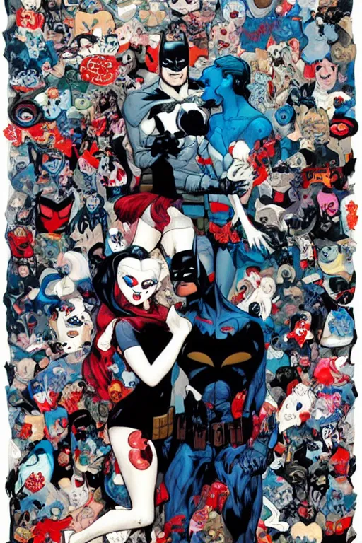 Image similar to a painting by James Jean about Batman and Harley Quinn, cover art, elegant