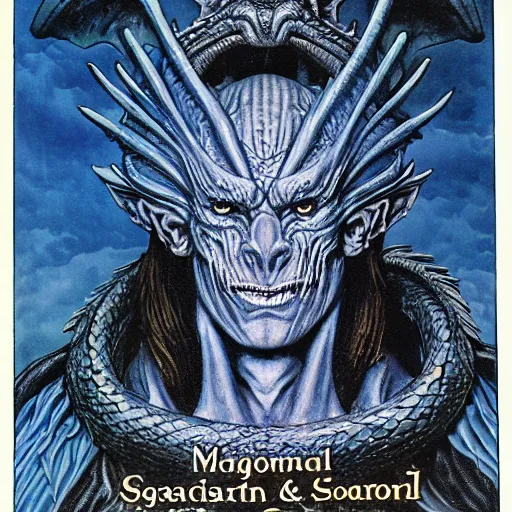 Image similar to head and shoulders portrait of a medieval d & d fantasy anthropomorphic blue dragon - human hybrid sorcerer, d & d rulebook cover art by jeff easley, hr giger, and frank miller