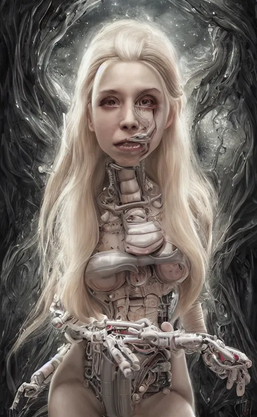 Image similar to Belle Delphine is a bio mechanical cyborg post human, physically accurate, very dramatic dynamic lighting, intricate, very very elegant, highly detailed, digital painting, artstation, very hyperrealistic, very very very HR GIGER, very beautiful, Hieronymus Bosch, Francis Bacon, concept art, smooth, sharp focus, illustration, art by artgerm and greg rutkowski and alphonse mucha