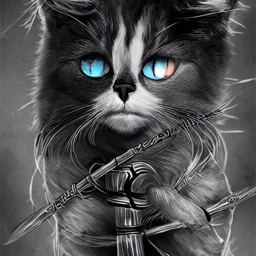 Prompt: fantasy black and white cat holding magic staff, high detail, digital art, concept art, 4k