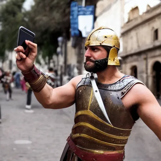 Prompt: roman gladiator trying to catch signal on his iphone