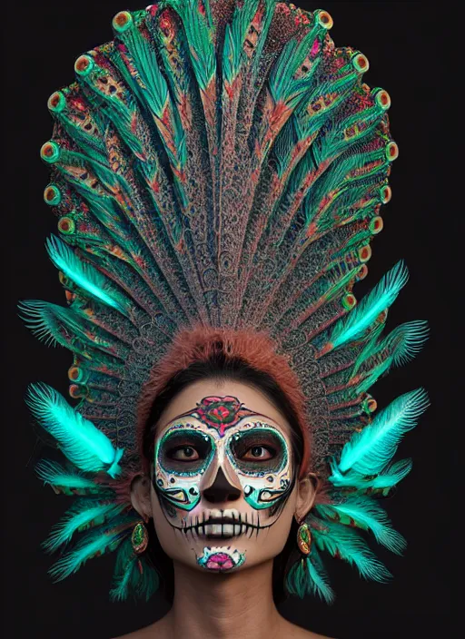 Image similar to 3 d mexican goddess profile portrait. beautiful intricate highly detailed day of the dead mask and feathers. low - key lighting, bioluminescent, plasma, lava, ice, water, wind, creature, quetzalcoatl, artwork by tooth wu and wlop and beeple and lee jeffries, 8 k trending on artstation,